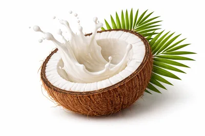 Coconut Half With Milk Splash And Palm Leaves