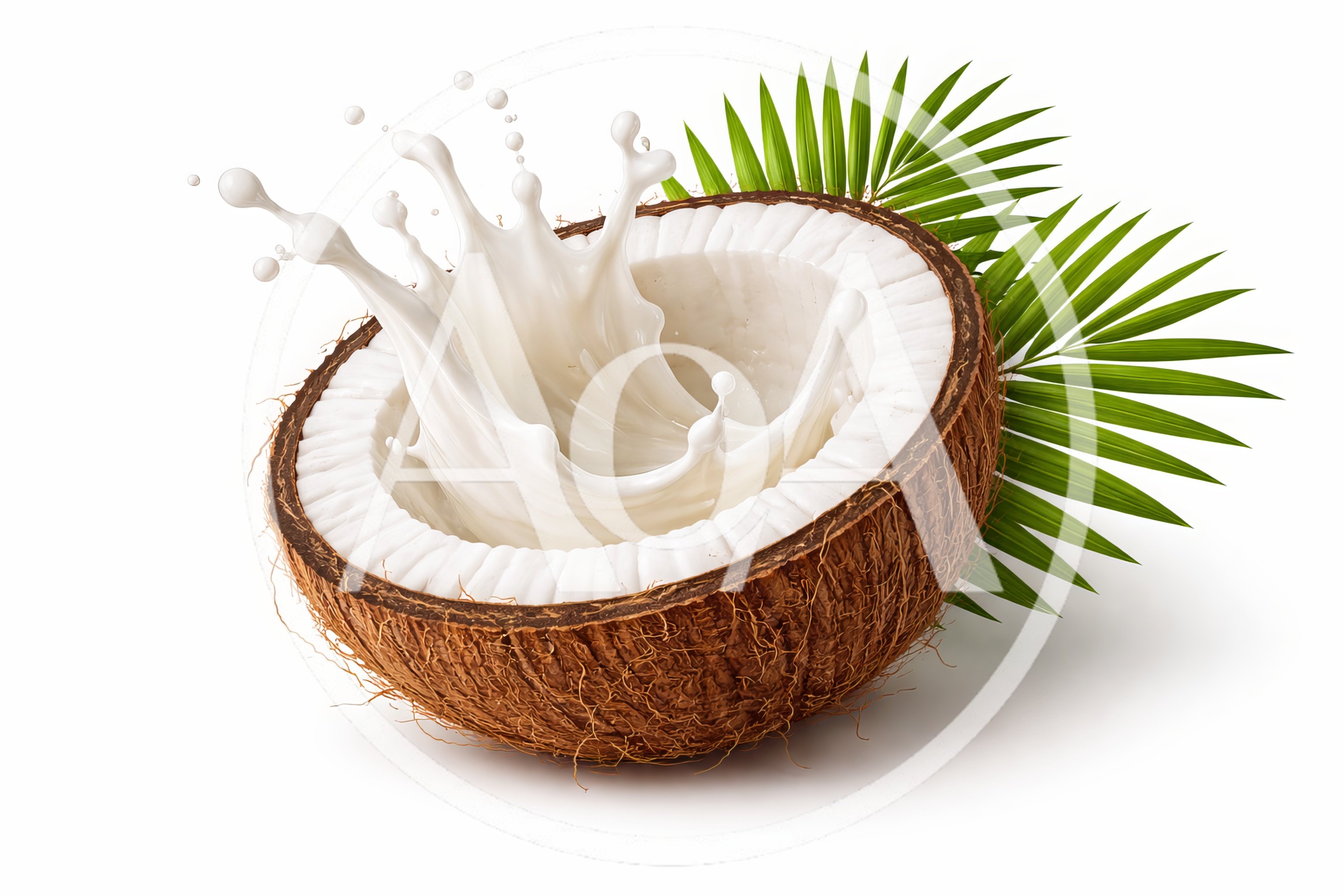 Coconut Half With Milk Splash And Palm Leaves