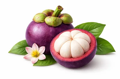 Whole and Halved Mangosteen Fruit with Leaves and Flower