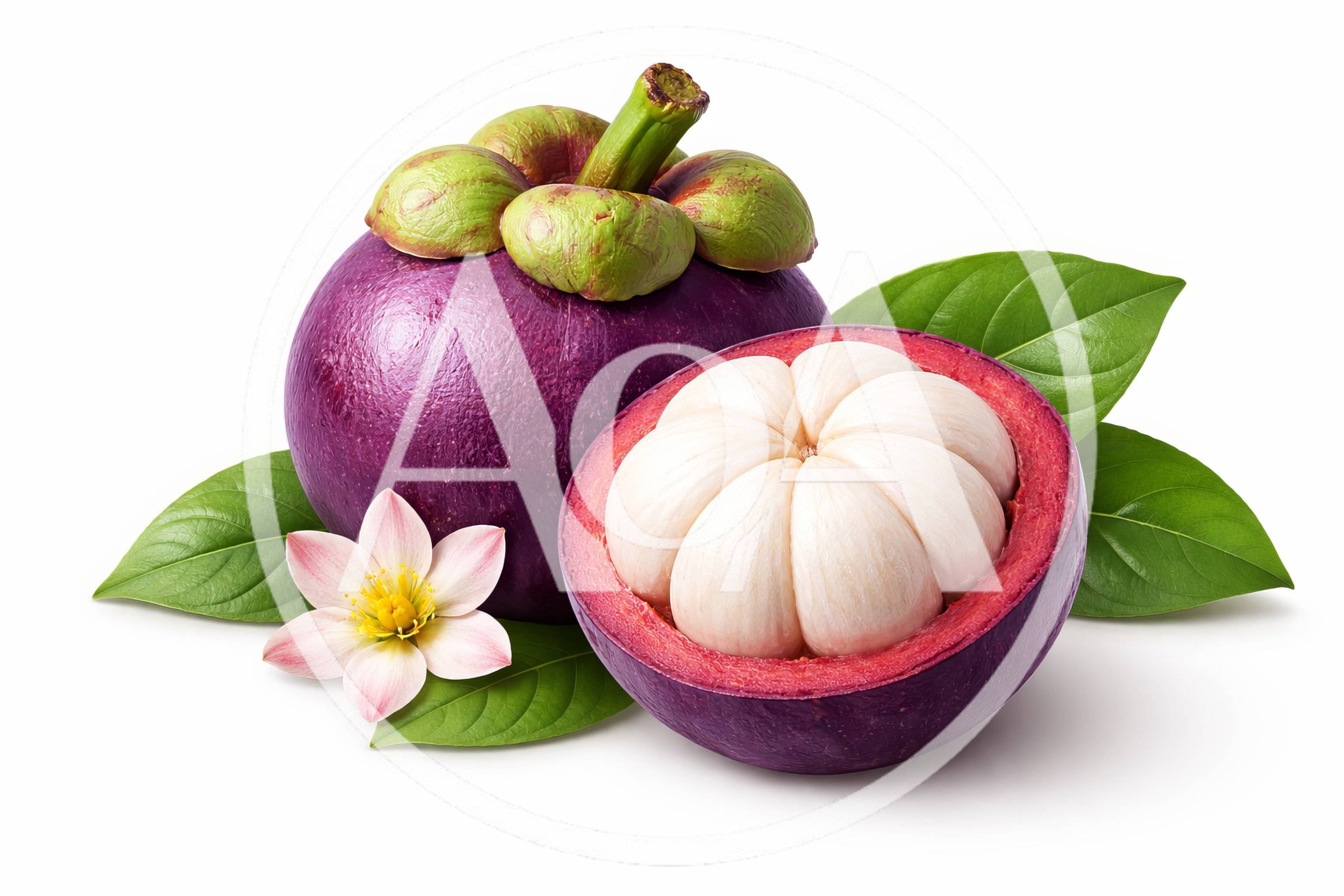 Whole and Halved Mangosteen Fruit with Leaves and Flower