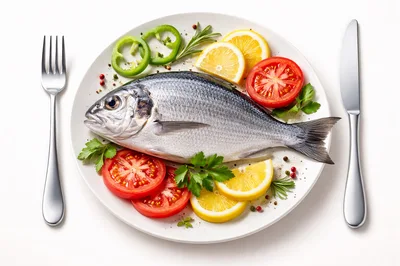 Fresh Whole Sea Bream Fish Plated With Vegetables