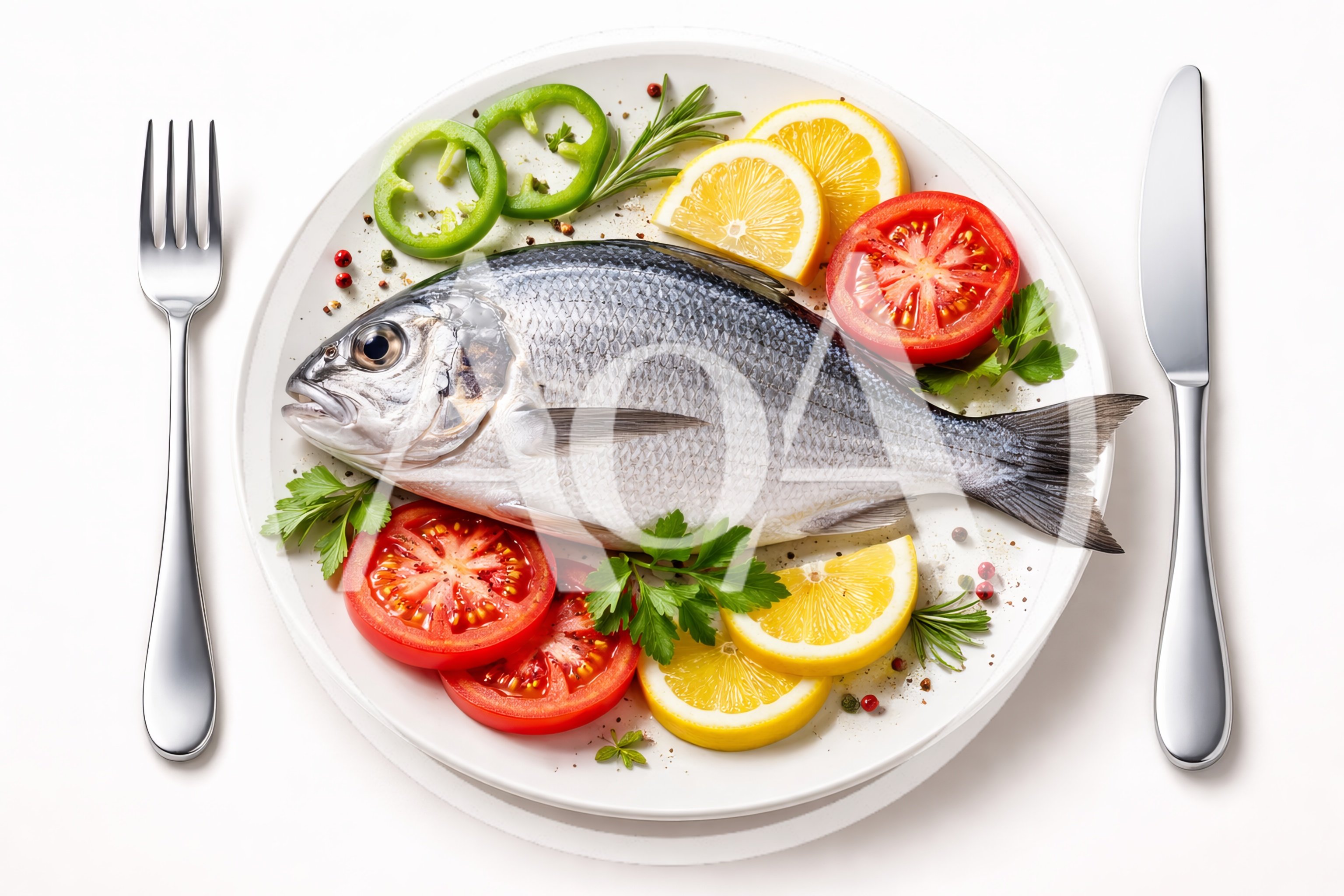 Fresh Whole Sea Bream Fish Plated With Vegetables