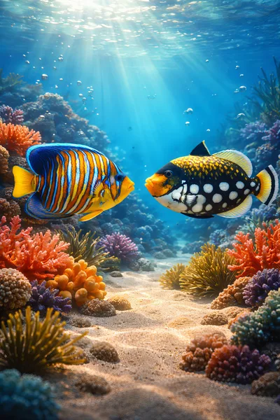 Regal Angelfish and Clown Triggerfish Swimming Over Coral Reef