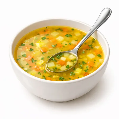 Bowl Of Vegetable Soup With A Silver Spoon