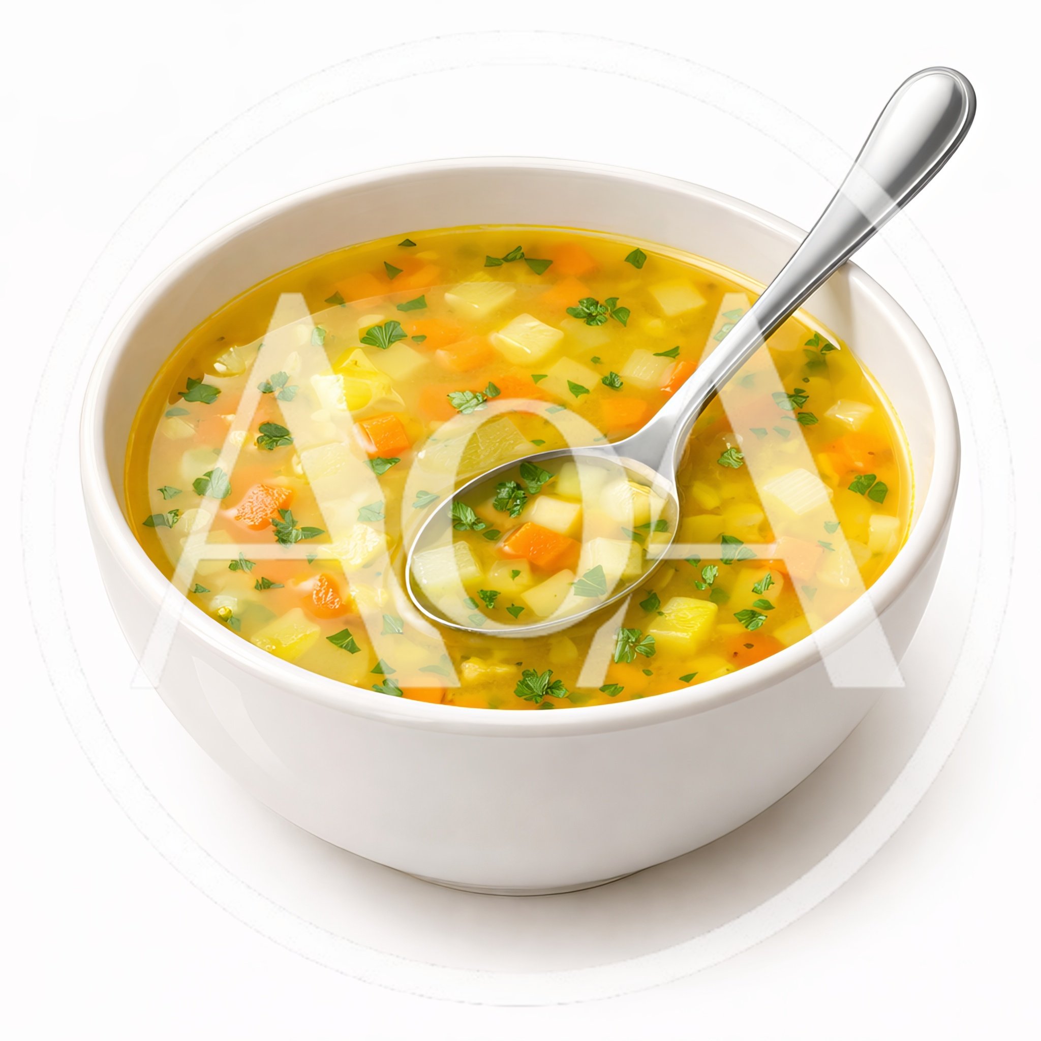 Bowl Of Vegetable Soup With A Silver Spoon