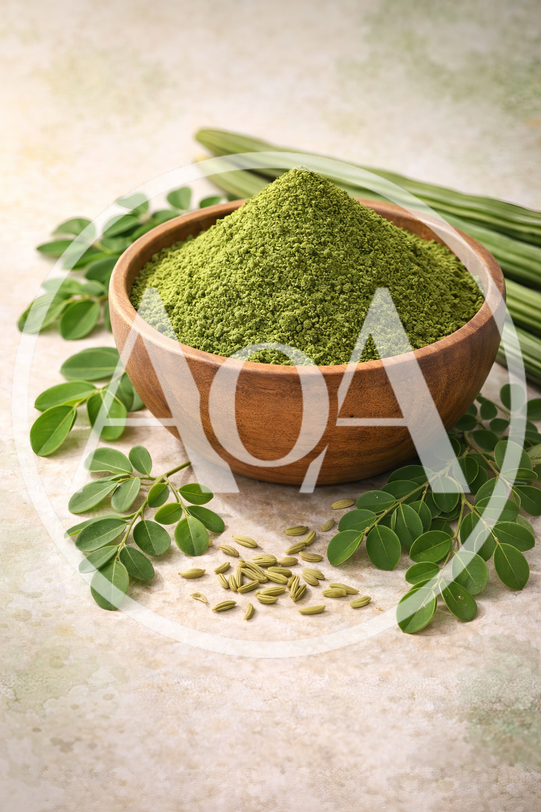 Moringa Powder in Wooden Bowl with Leaves and Pods