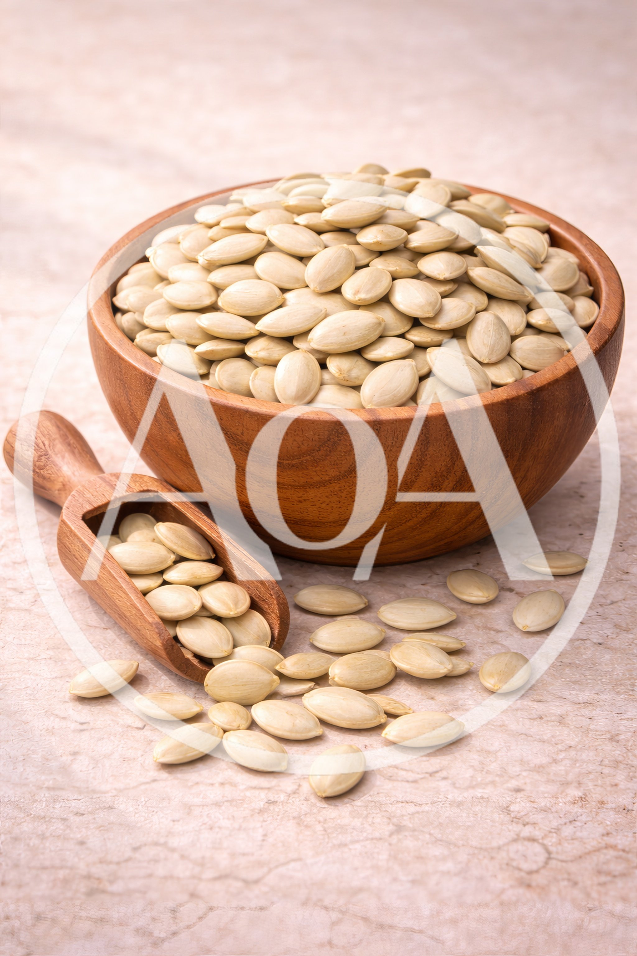Wooden Bowl And Scoop Filled With Pumpkin Seeds