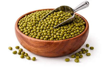 Mung Beans in a Wooden Bowl with Metal Scoop