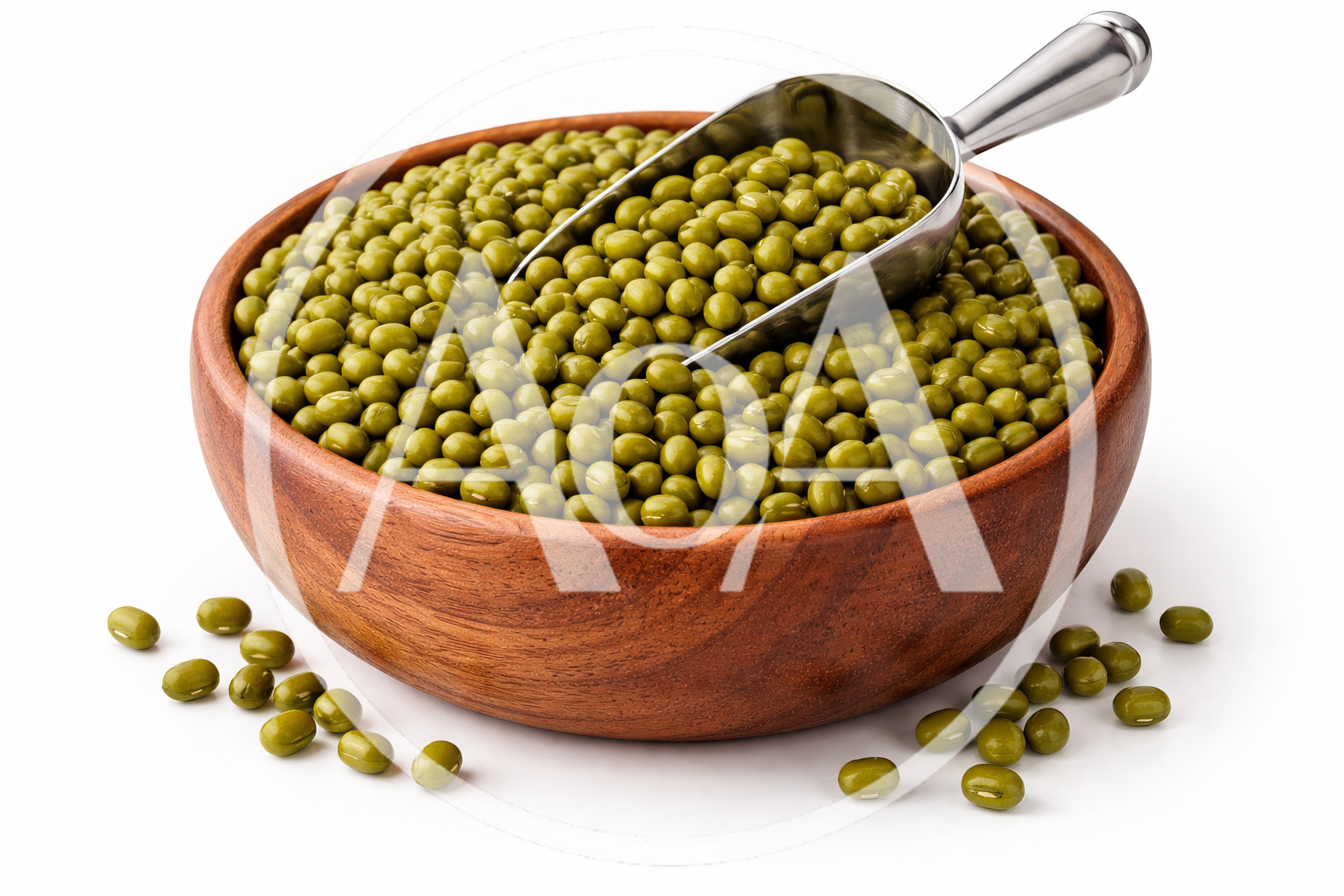 Mung Beans in a Wooden Bowl with Metal Scoop