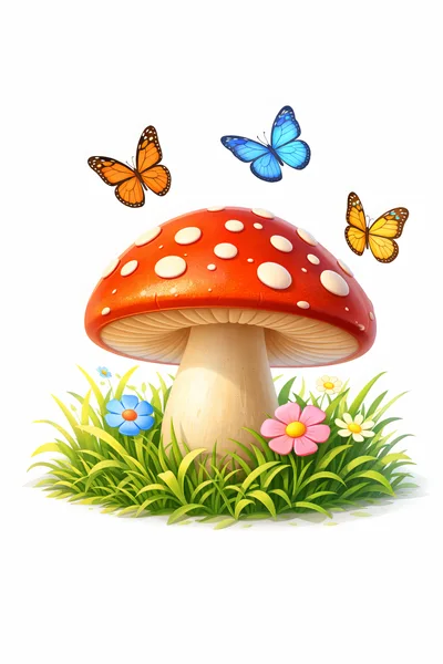 Red Mushroom With Butterflies And Flowers