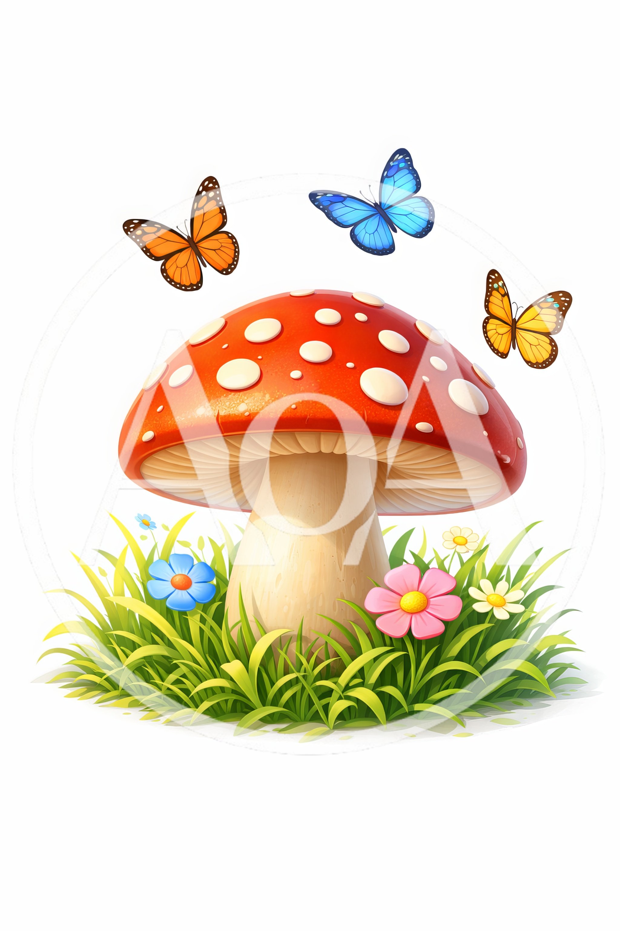 Red Mushroom With Butterflies And Flowers