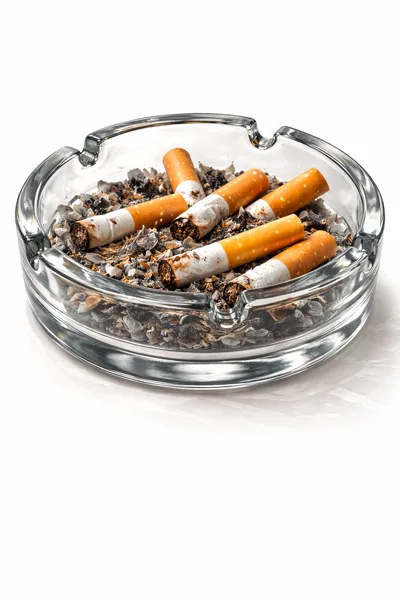 Glass Ashtray Filled With Used Cigarette Butts