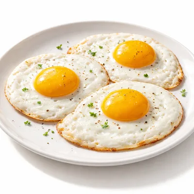 Three Sunny Side Up Fried Eggs on White Plate