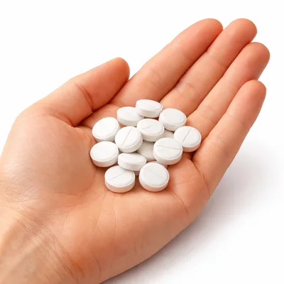 Hand Holding A Pile Of White Medical Pills