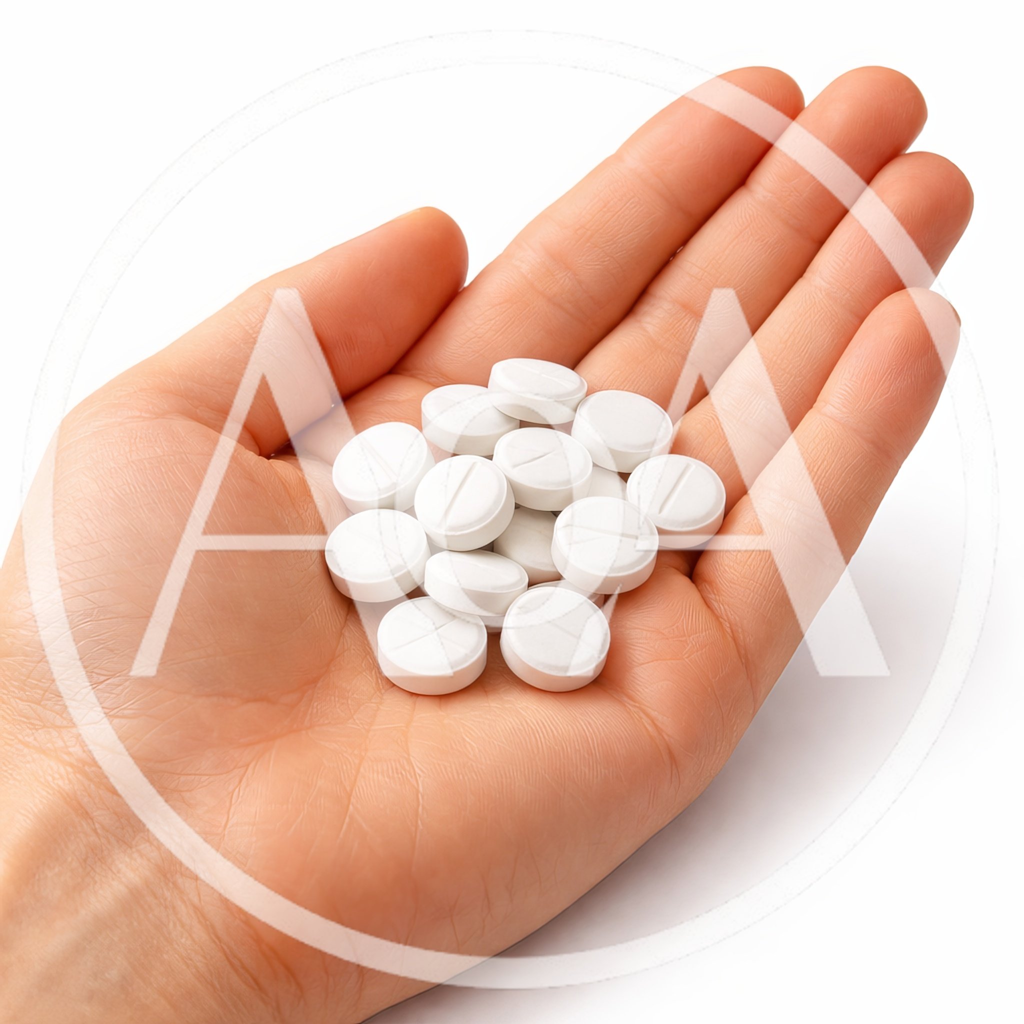 Hand Holding A Pile Of White Medical Pills