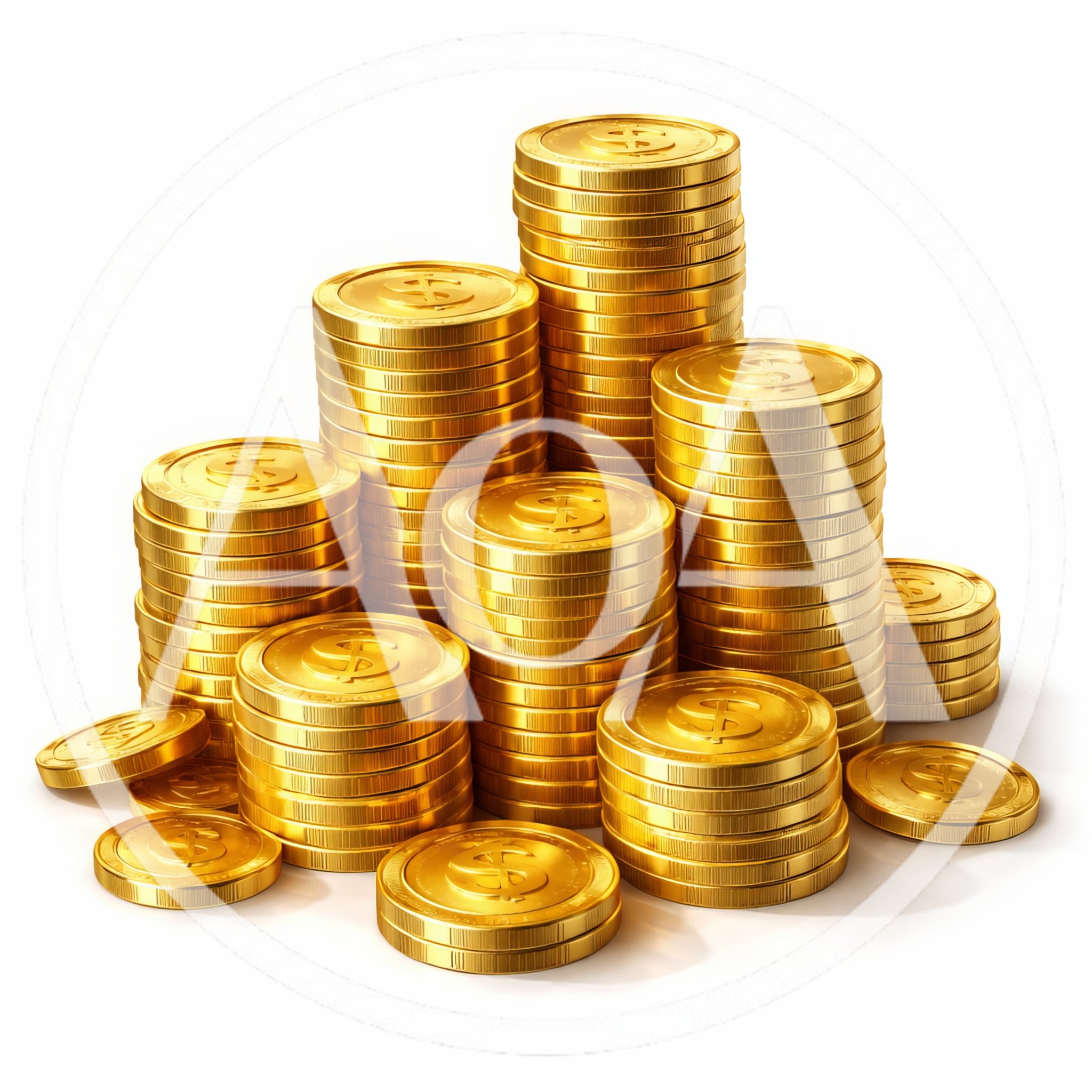 Stacks of Shiny Gold Coins on White Background