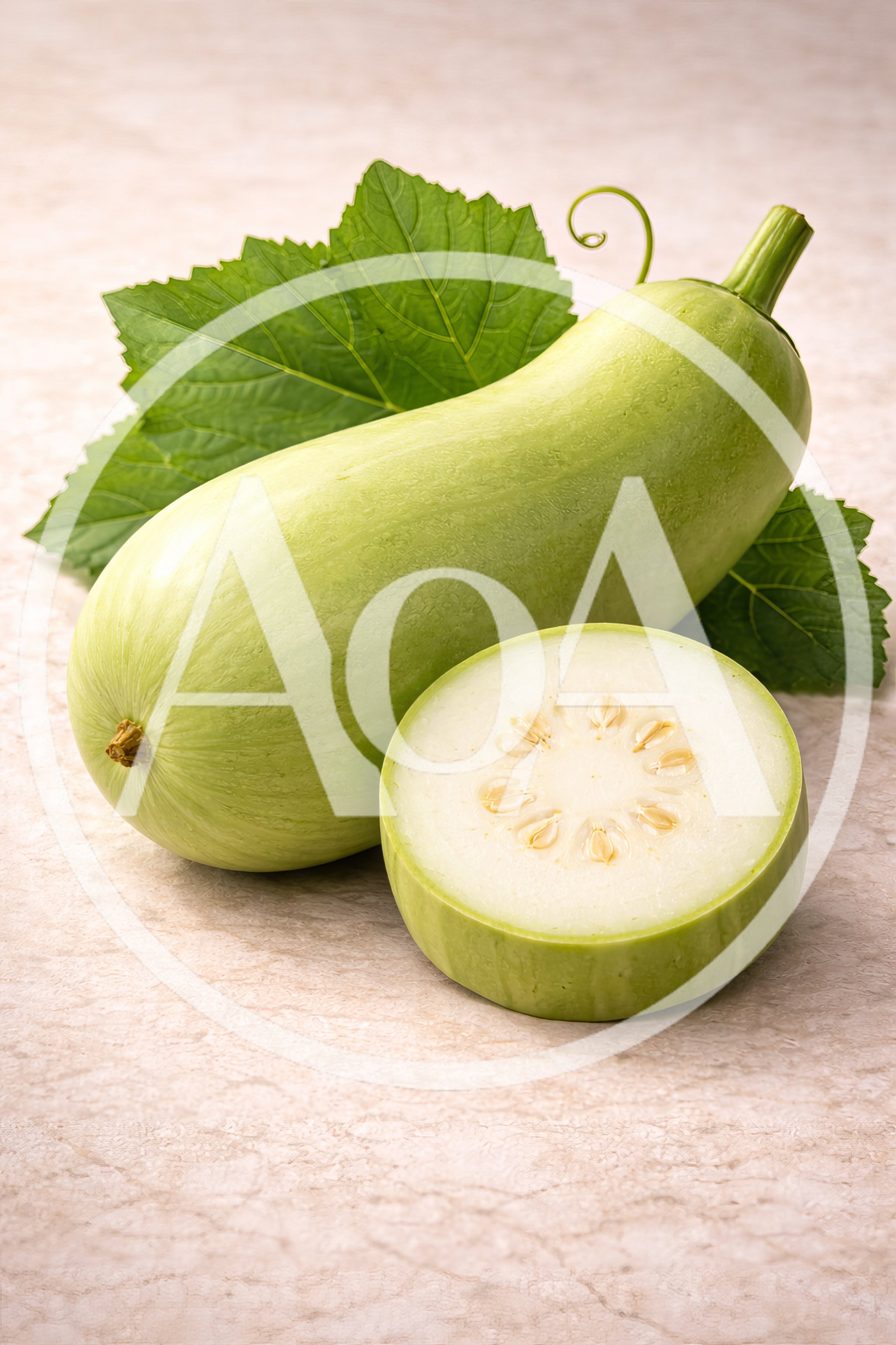 Fresh Whole And Sliced Calabash Gourd With Leaves