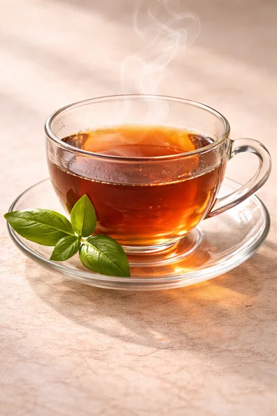 Steaming Cup Of Hot Tea With Fresh Basil Leaves