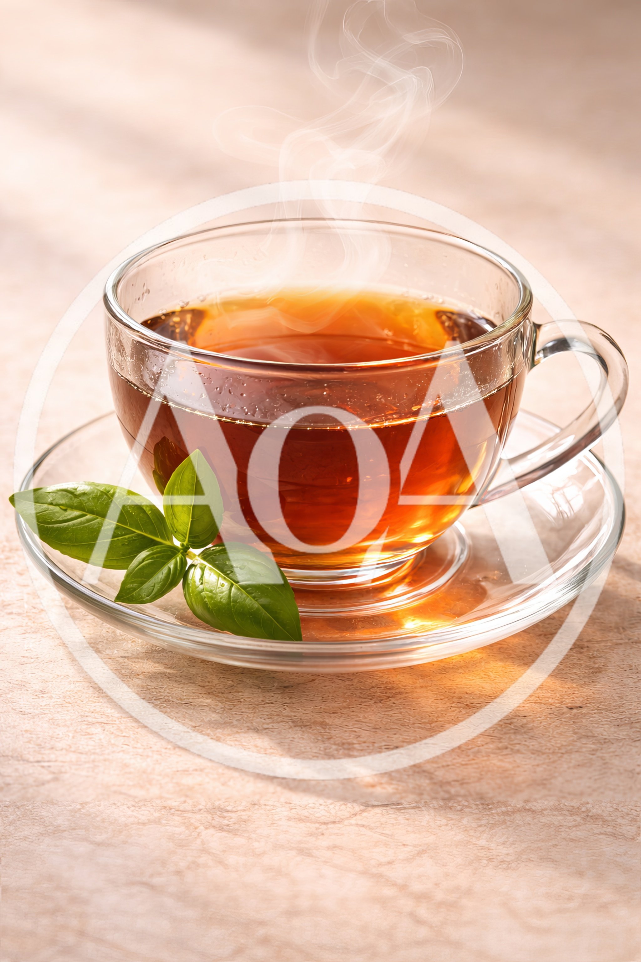 Steaming Cup Of Hot Tea With Fresh Basil Leaves