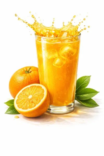 Refreshing Glass Of Orange Juice With Ice And Oranges