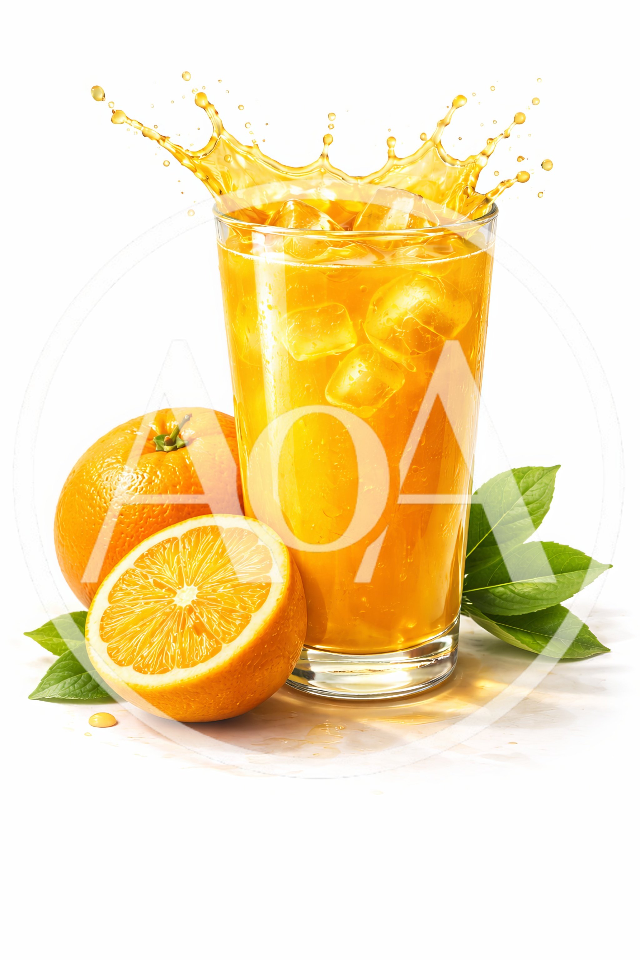 Refreshing Glass Of Orange Juice With Ice And Oranges