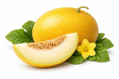 Whole And Sliced Canary Melon With Leaves And Flower