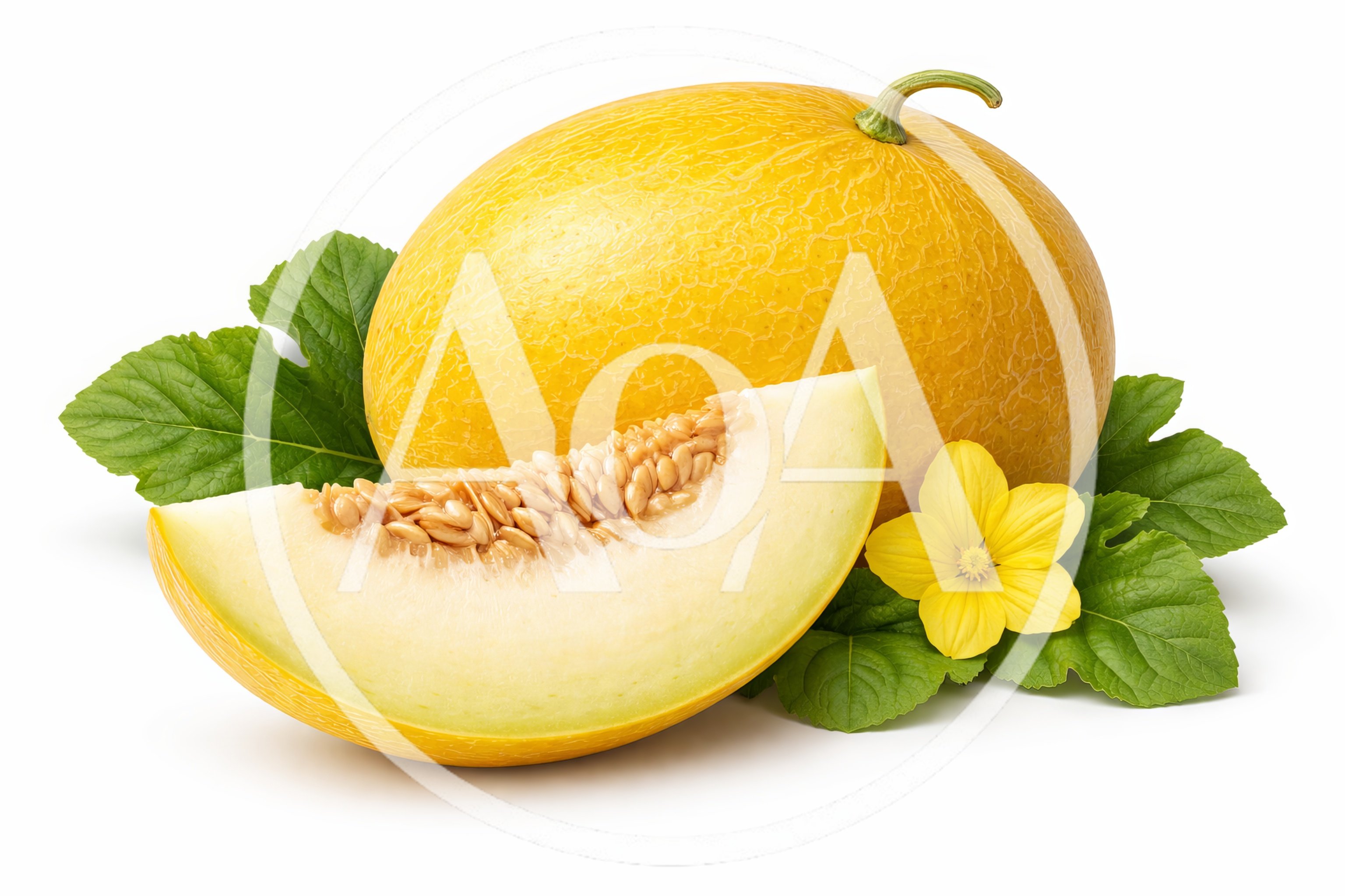 Whole And Sliced Canary Melon With Leaves And Flower