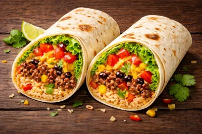 Two Delicious Beef Burritos On A Wooden Table