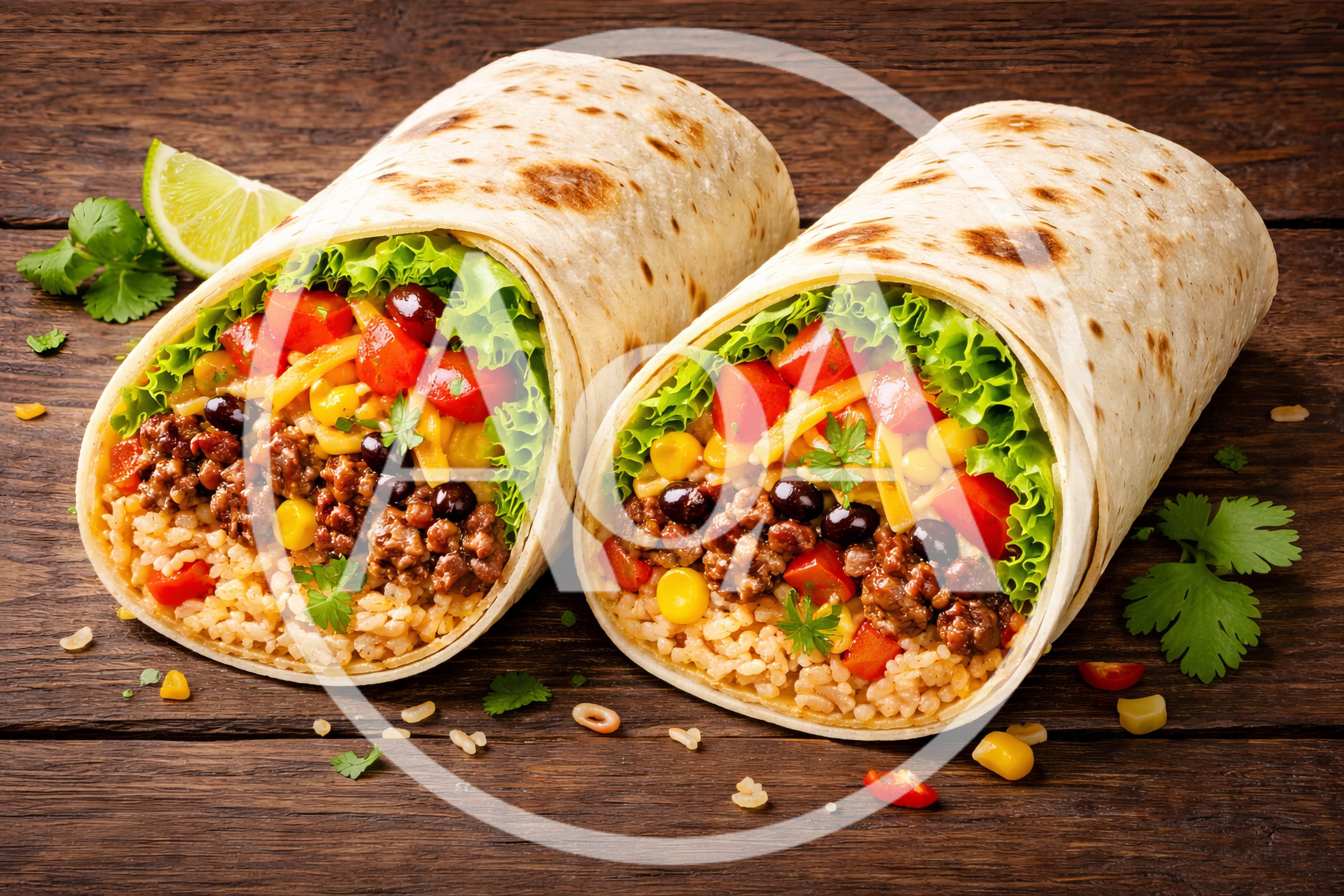 Two Delicious Beef Burritos On A Wooden Table