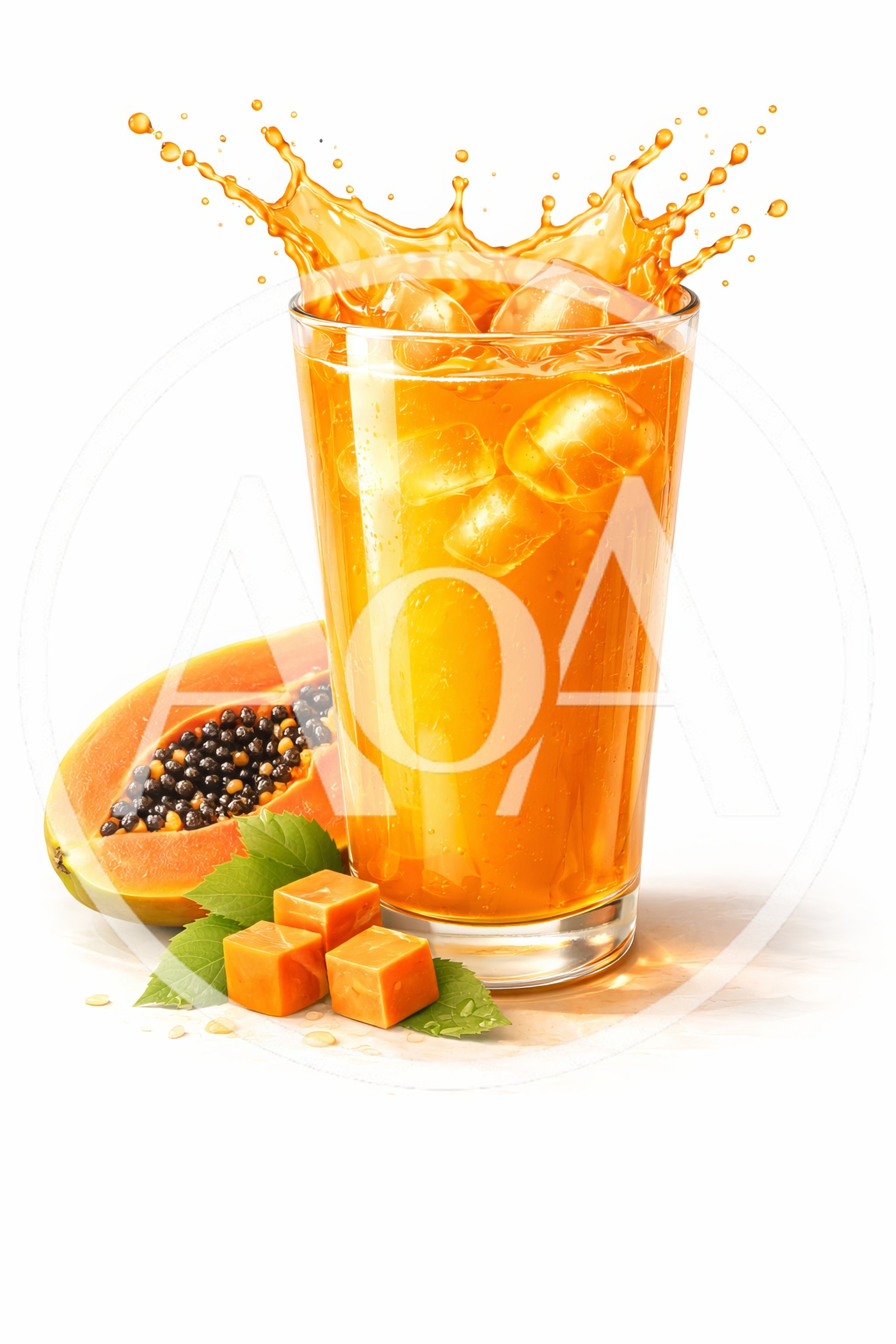 Refreshing Papaya Juice With Ice Cubes And Fruit
