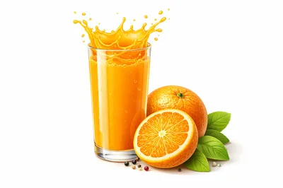 Glass Of Fresh Orange Juice With Whole And Sliced Oranges