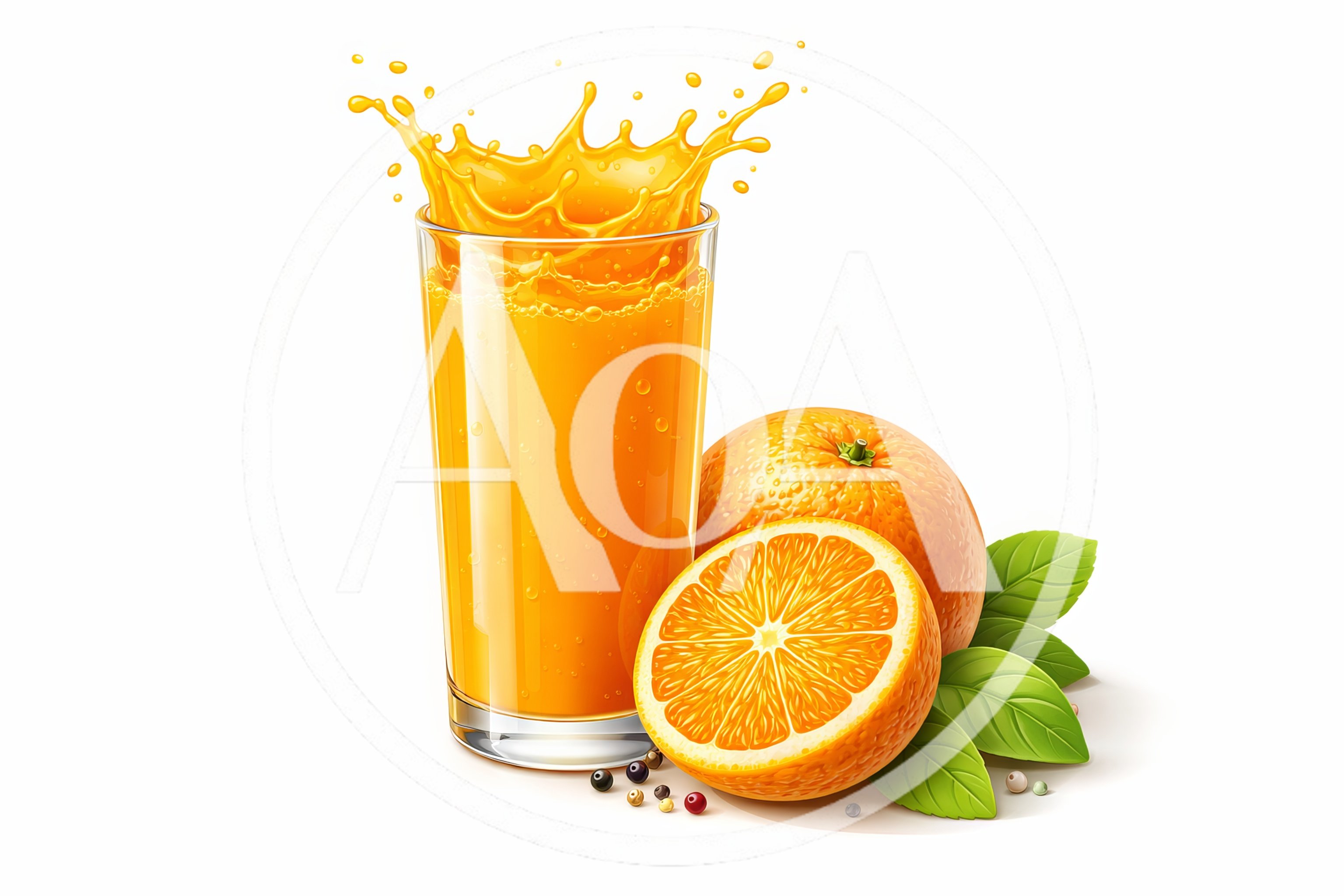 Glass Of Fresh Orange Juice With Whole And Sliced Oranges