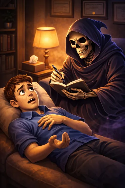 Terrified Man Lying Down With Grim Reaper Therapist