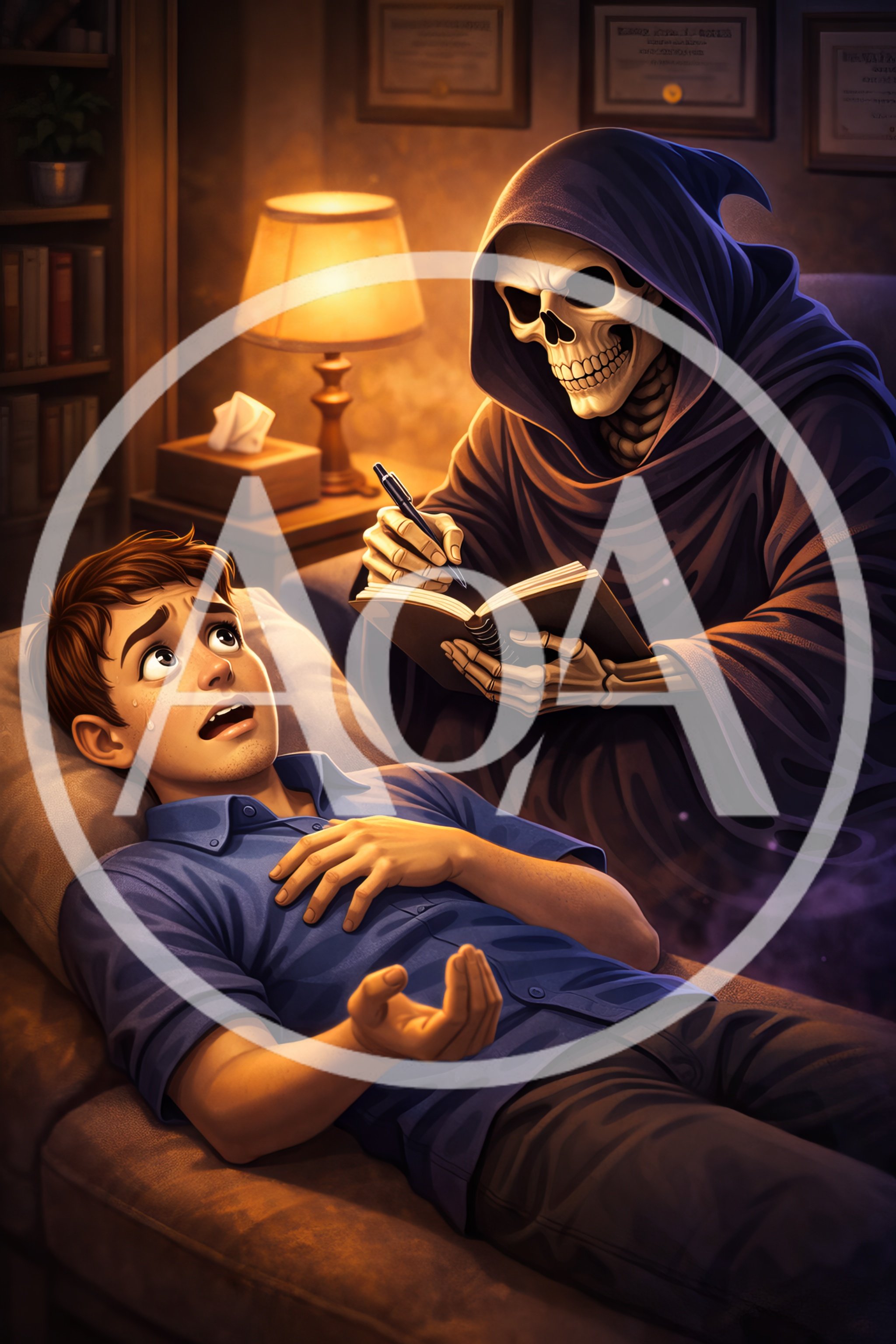Terrified Man Lying Down With Grim Reaper Therapist