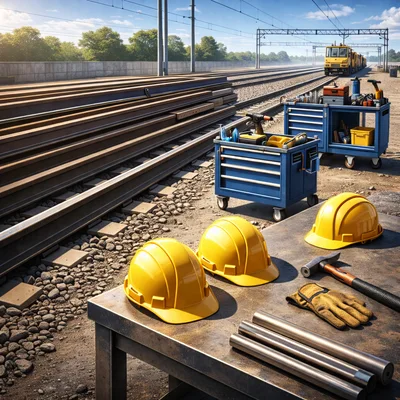Railway Construction Site With Tools And Safety Gear