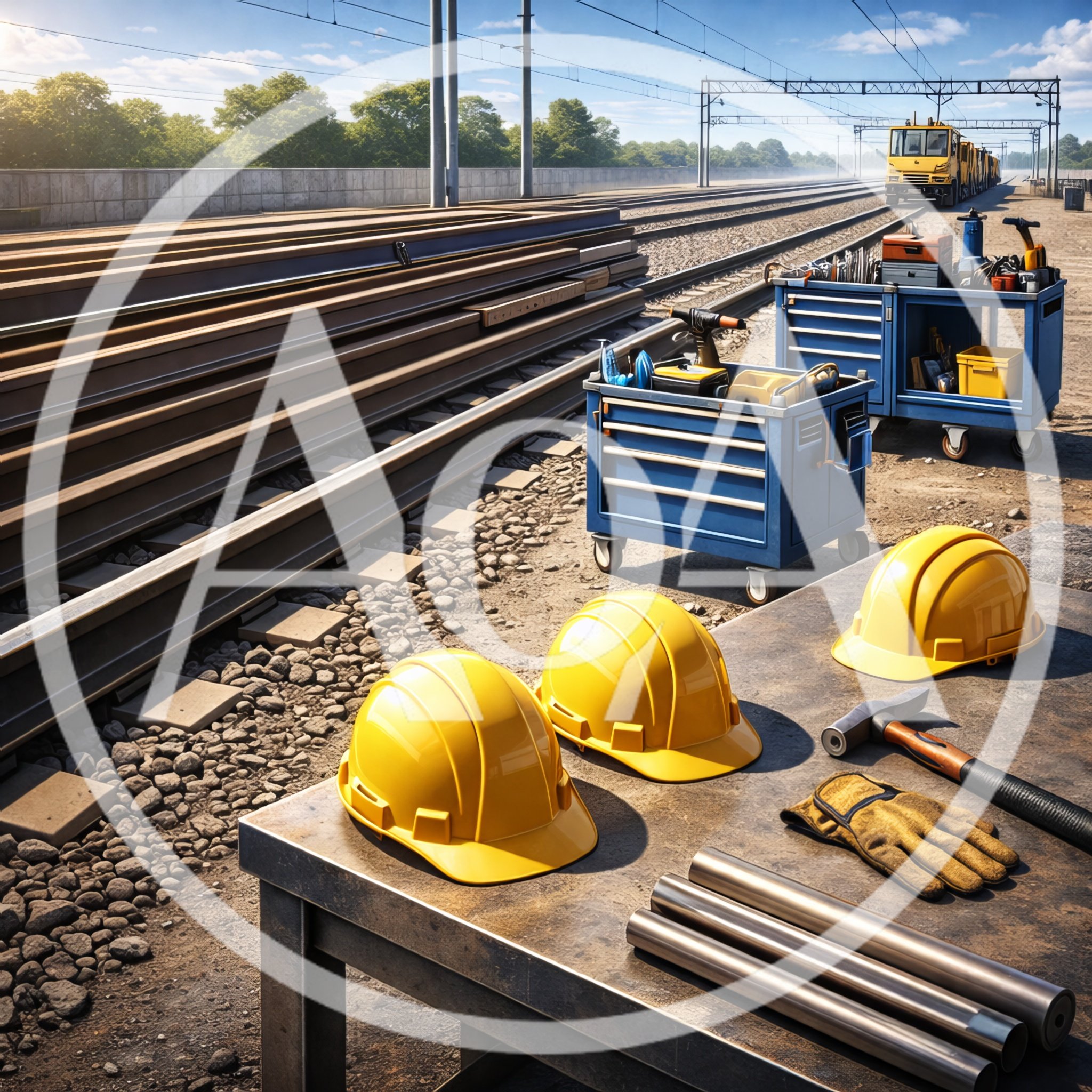 Railway Construction Site With Tools And Safety Gear