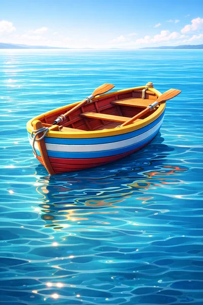 Colorful Wooden Rowboat Floating on Calm Blue Water