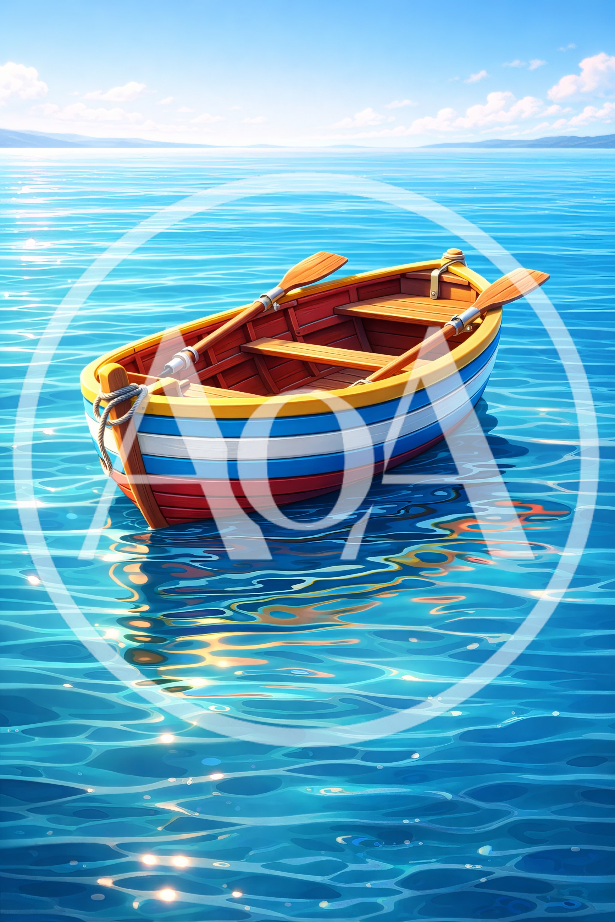 Colorful Wooden Rowboat Floating on Calm Blue Water