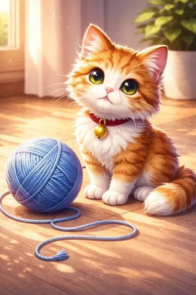 Cute Fluffy Ginger Kitten With Blue Yarn Ball