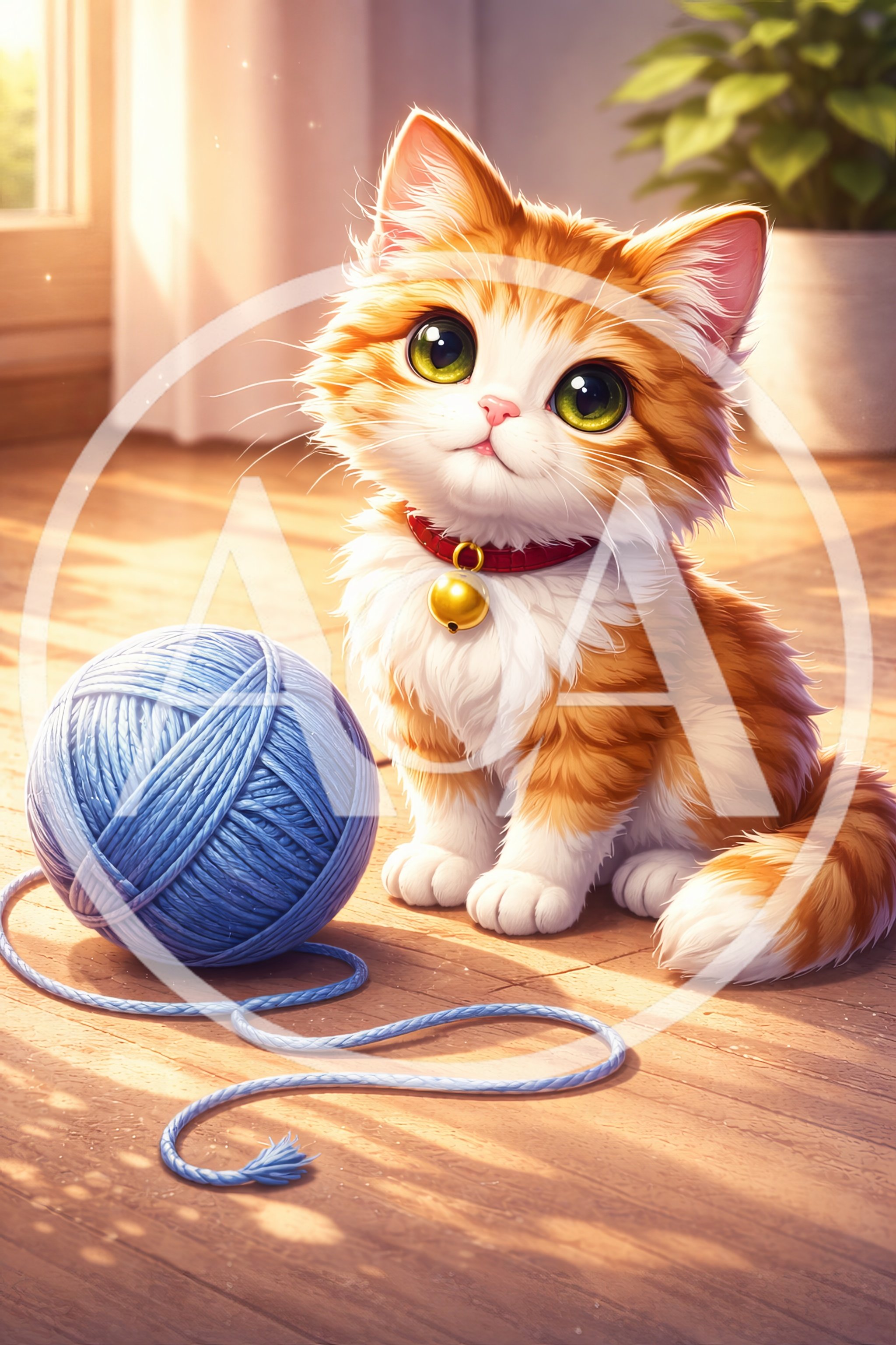 Cute Fluffy Ginger Kitten With Blue Yarn Ball