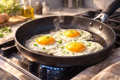 Three Sunny Side Up Eggs Frying In A Pan