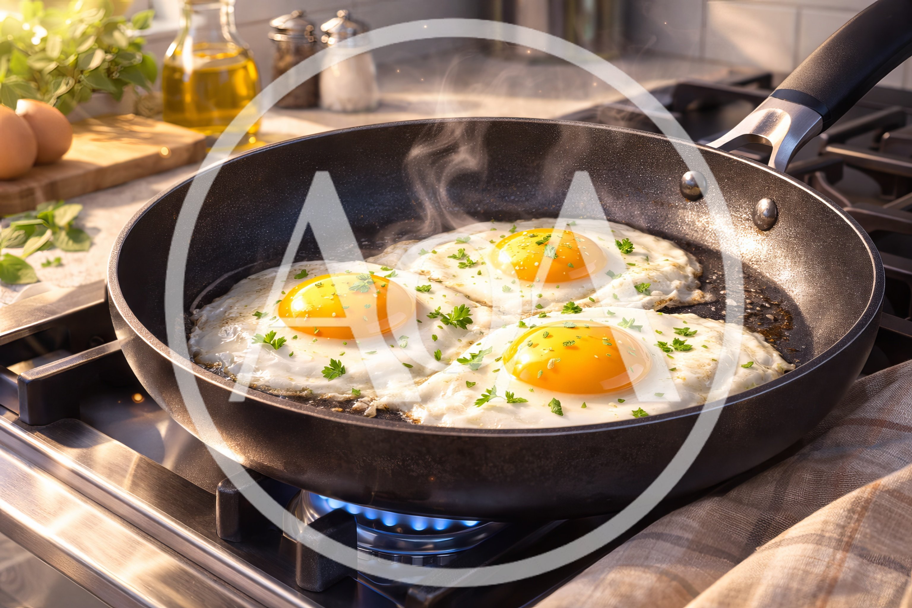Three Sunny Side Up Eggs Frying In A Pan