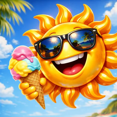 Cheerful Cartoon Sun Holding Ice Cream Cone