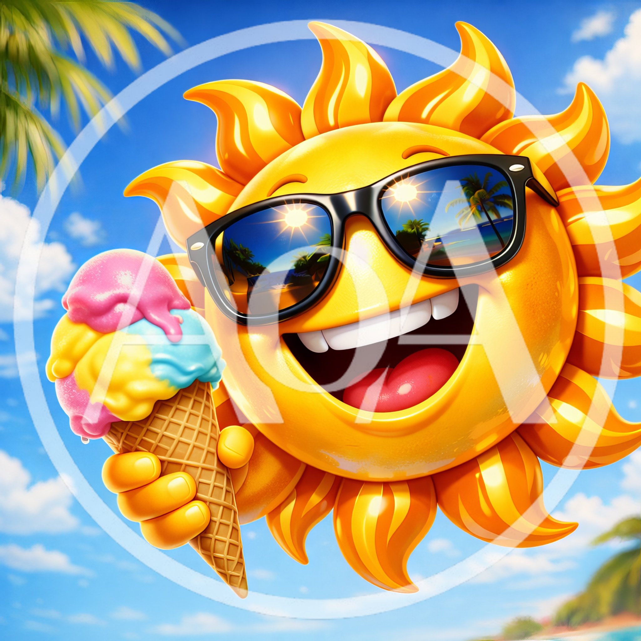 Cheerful Cartoon Sun Holding Ice Cream Cone