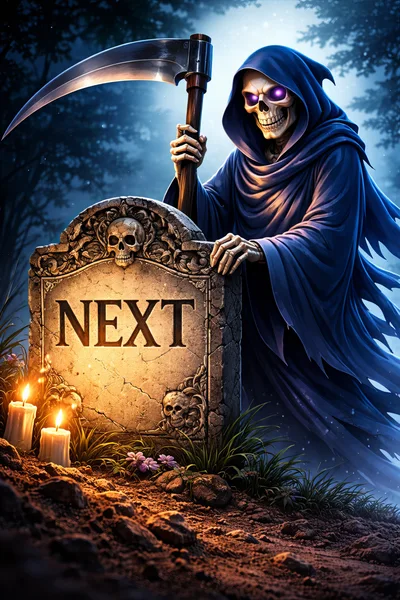 Grim Reaper Standing Behind A Tombstone With Next Text