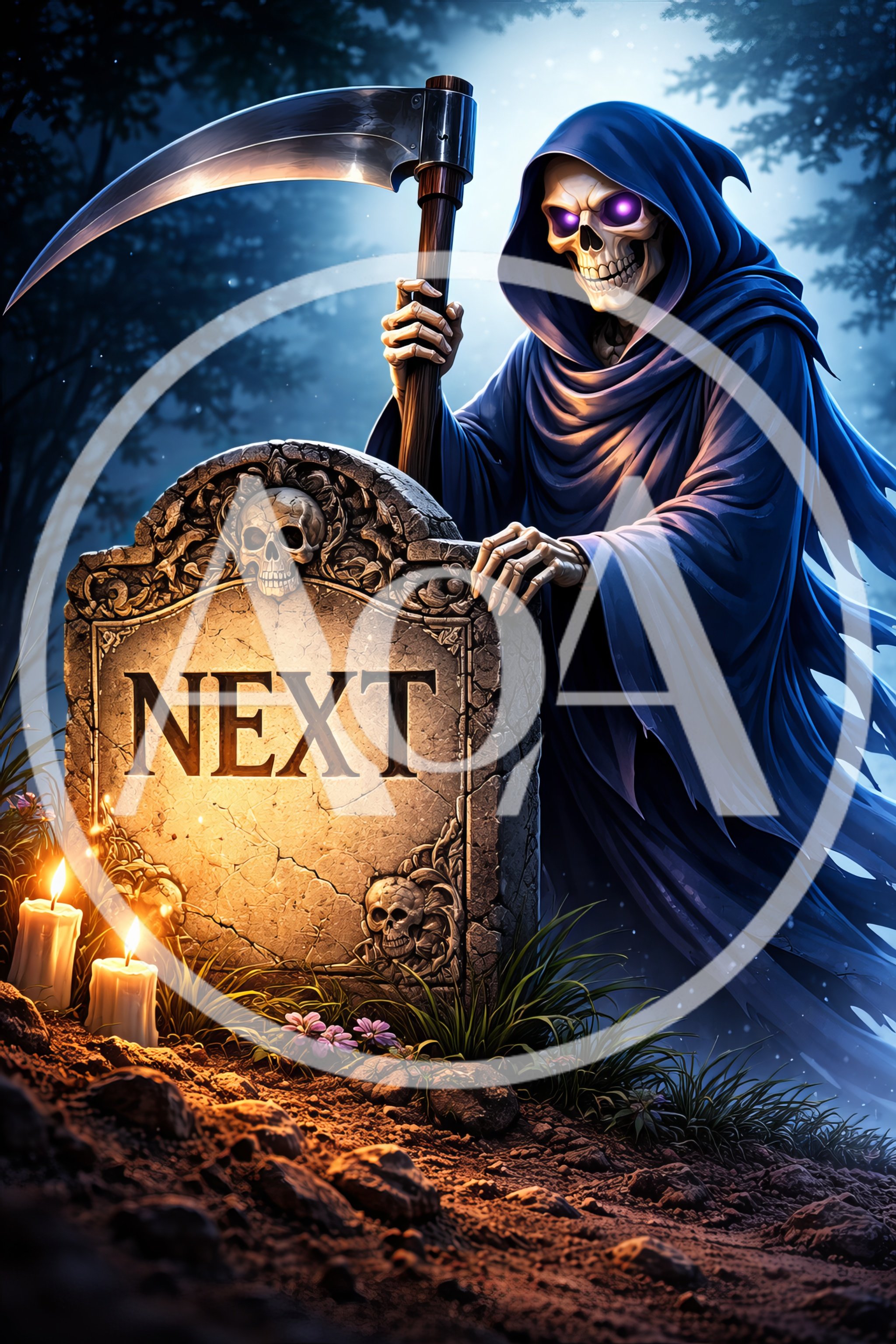 Grim Reaper Standing Behind A Tombstone With Next Text