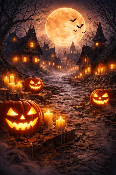 Spooky Halloween Village With Glowing Jack O Lanterns
