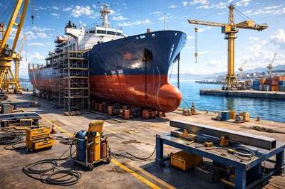 Ship Under Maintenance At A Busy Industrial Dry Dock