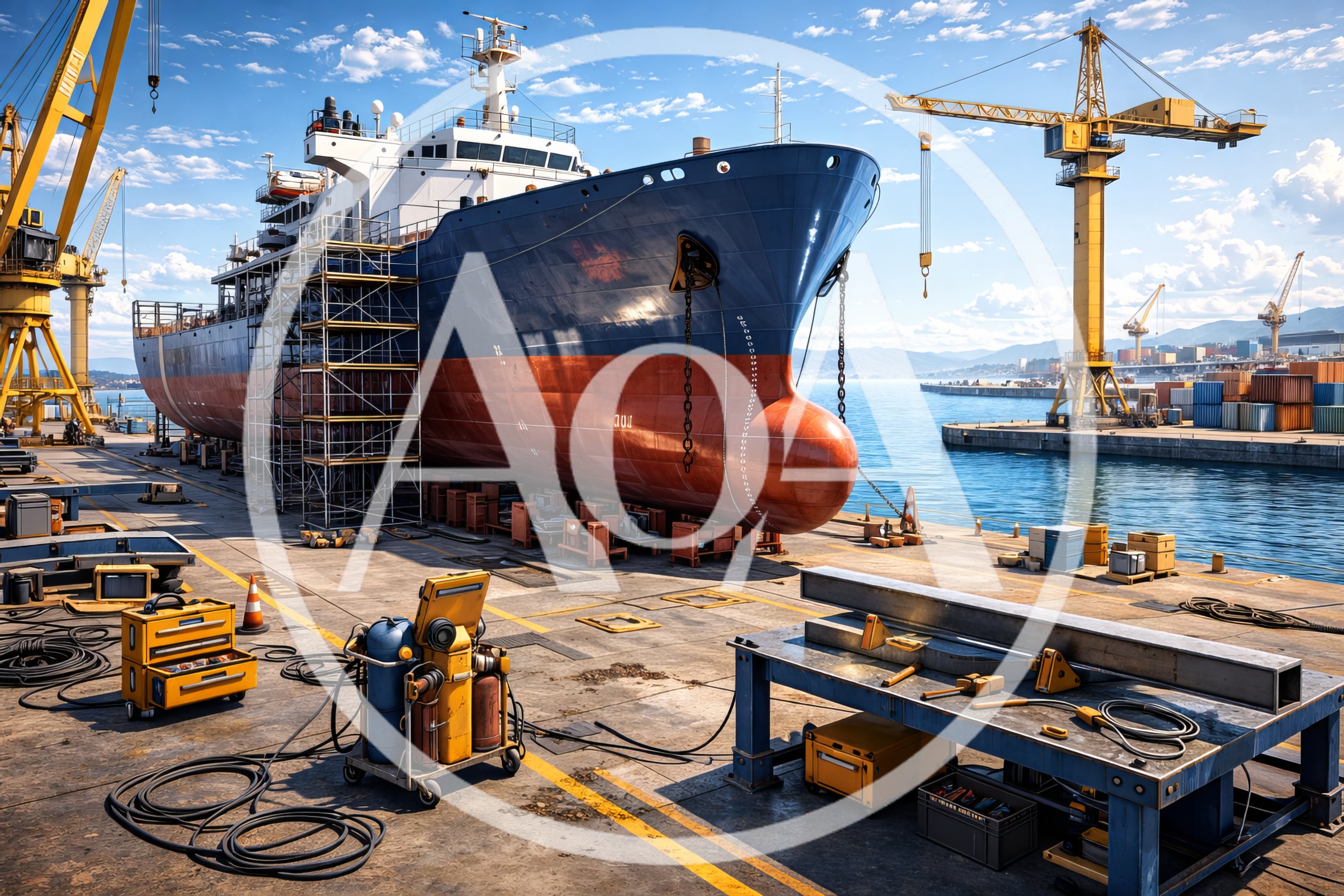 Ship Under Maintenance At A Busy Industrial Dry Dock