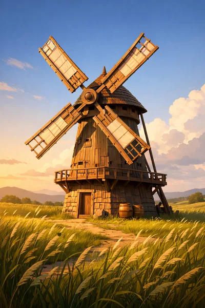 Rustic Wooden Windmill In A Golden Wheat Field